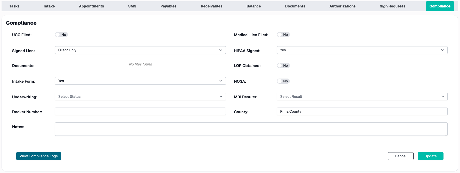 Case File Tab Compliance Tab