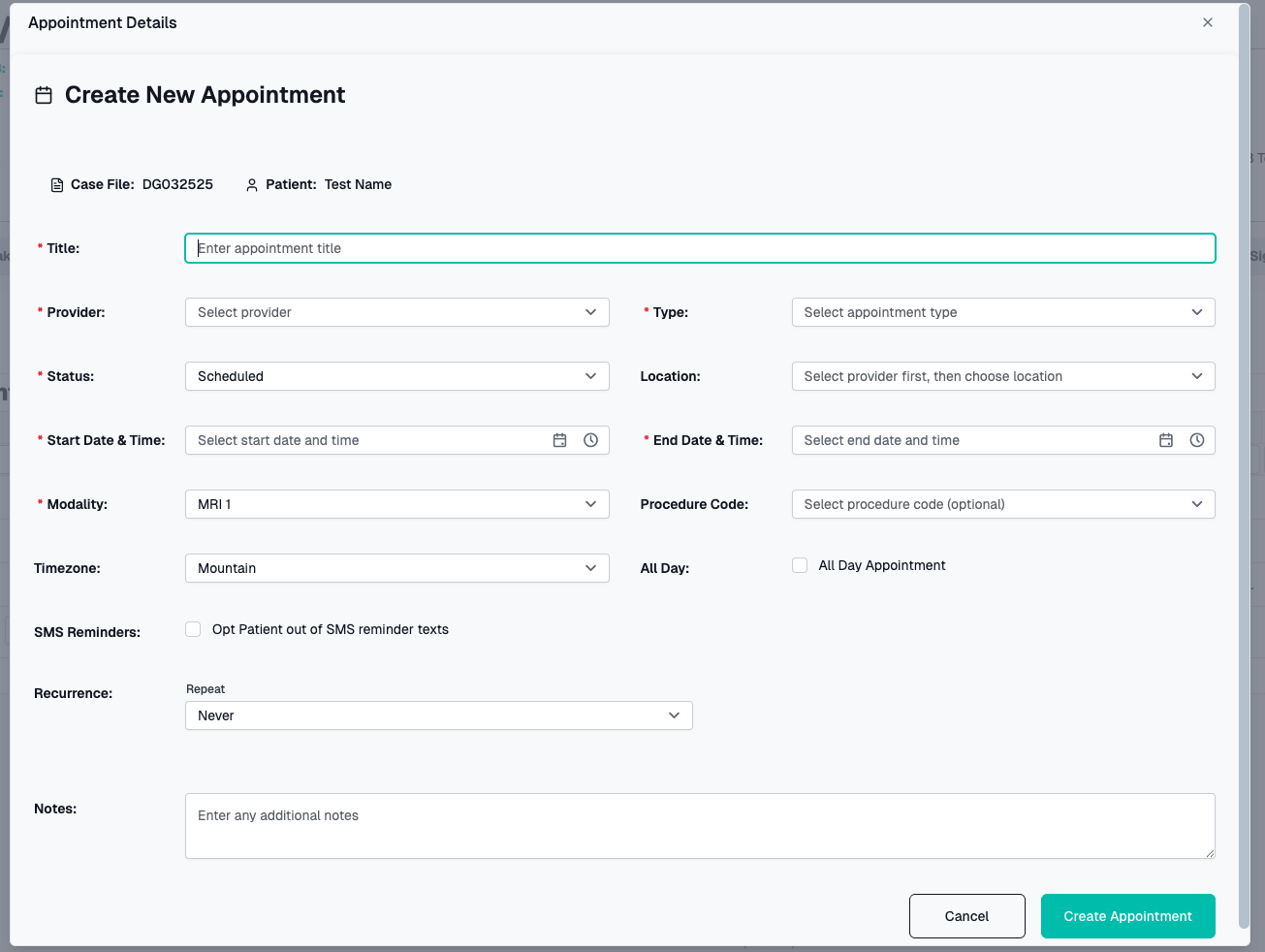 Case File Tab Create Appointment Dialog