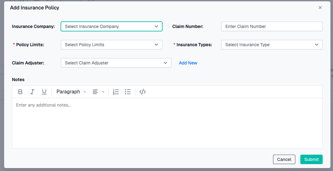 Case File Tab Insurance Form