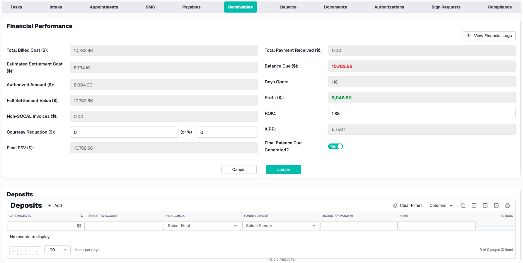 Case File Tab Receivables Tab