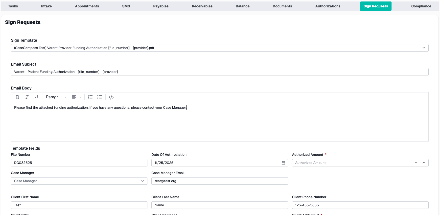 Case File Tab Sign Request Tab