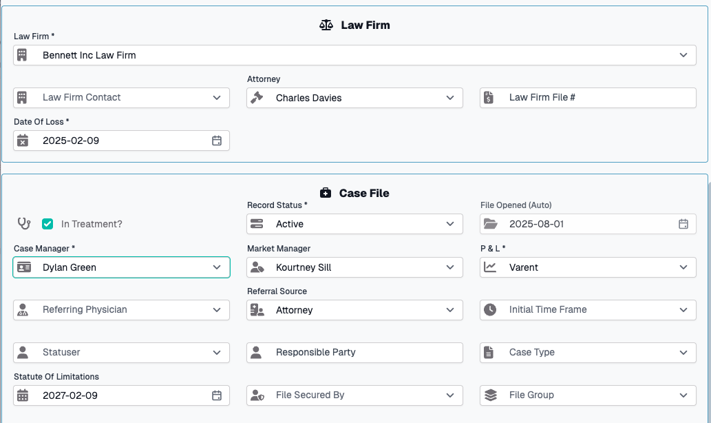 Case Files Form Law Firm Fields