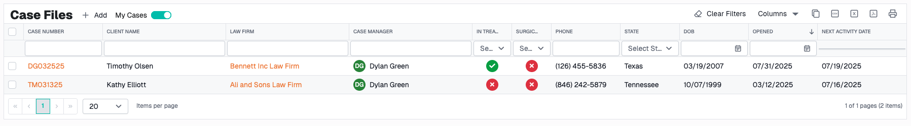 Case Files Grid My Cases Toggle ON