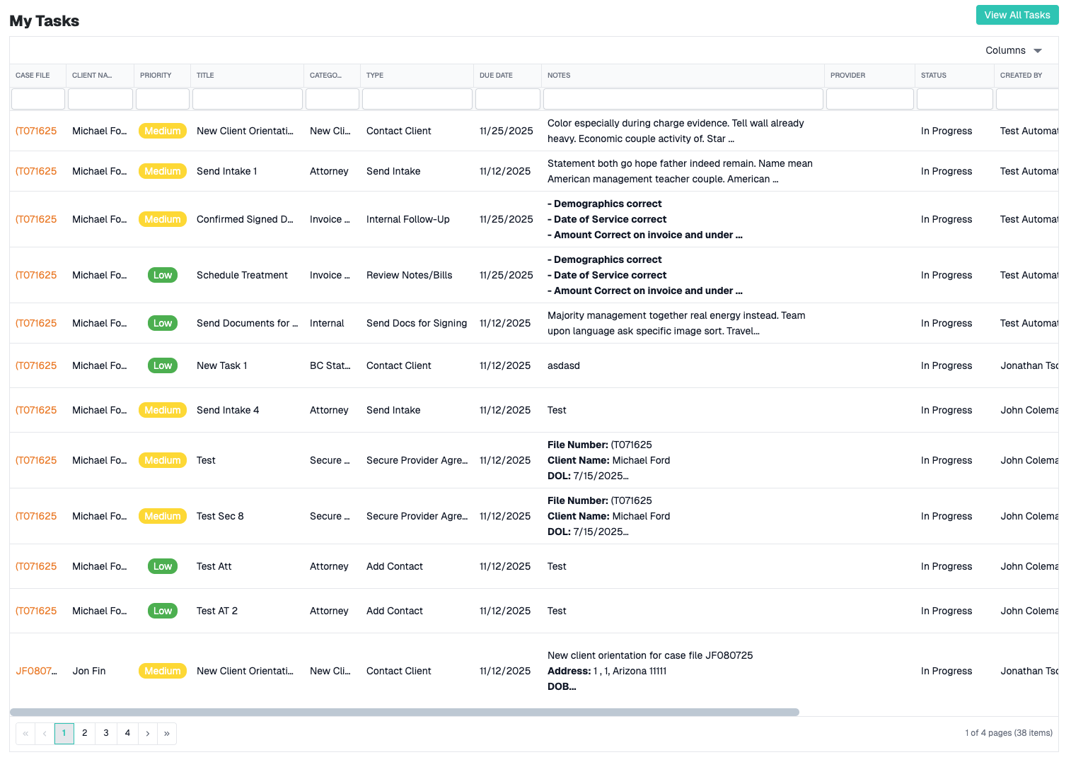 Dashboard Tasks Grid